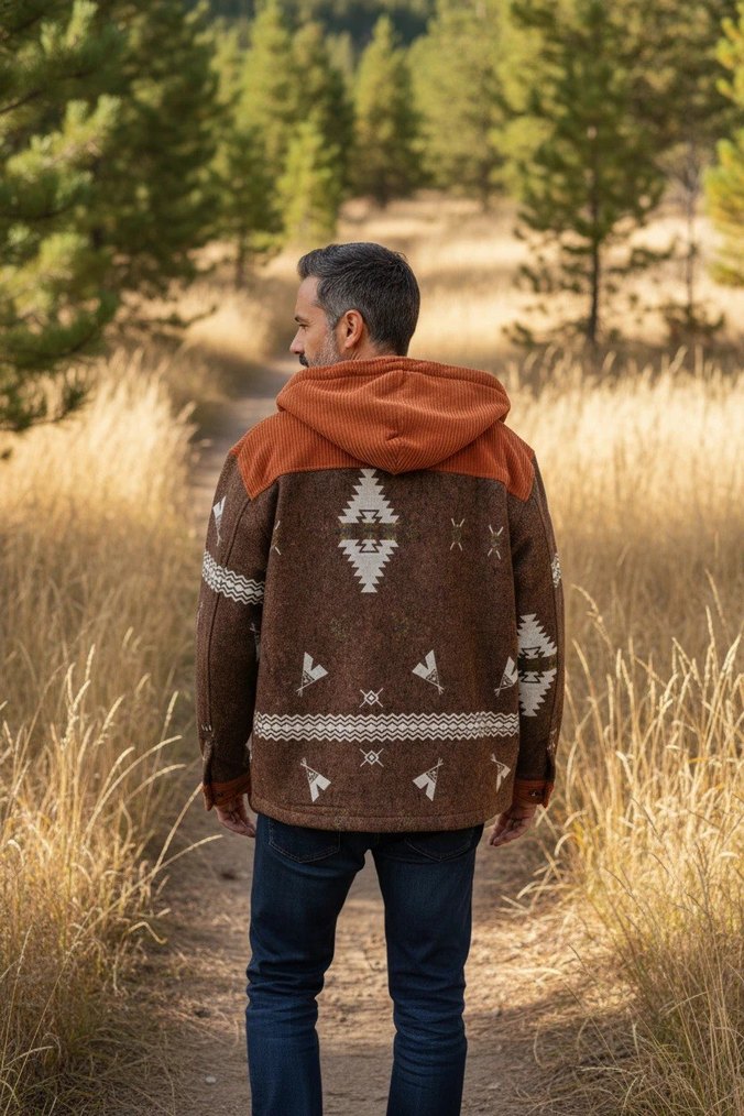 Etnik Desenli Fitilli Kadife Detaylı Kapüşonlu Ceket - Görsel 2