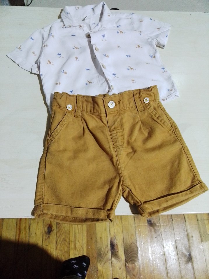 Erkek Bebek Kahverengi Keten Şortlu Gömlek Takımı - Görsel 2