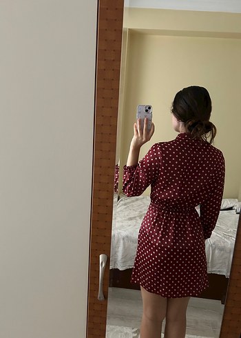 Bordo Puantiyeli Uzun Kollu Midi Elbise