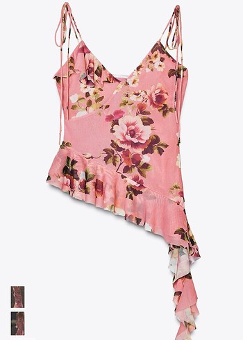 Zara Pembe Çiçekli Tül Askılı Bluz
