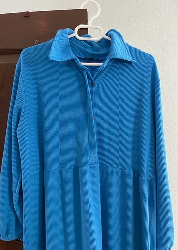 Mavi Uzun Kollu Rahat Kesim Elbise - Görsel 3