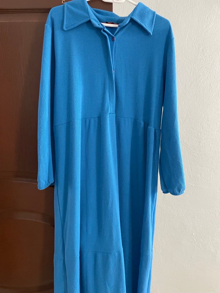 Mavi Uzun Kollu Rahat Kesim Elbise - Görsel 2