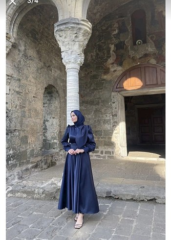 Lacivert Uzun Drapeli Kadın Elbise