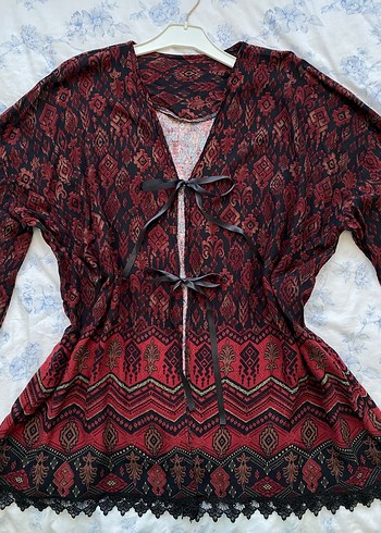 Bordo Desenli Dantel Detaylı Bohem Kimono