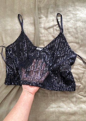 Siyah Pul Payetli V Yaka Mini Crop Top - Görsel 2