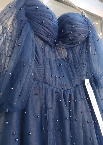 Straplez Nakışlı Lacivert Uzun Abiye Elbise - Görsel 6