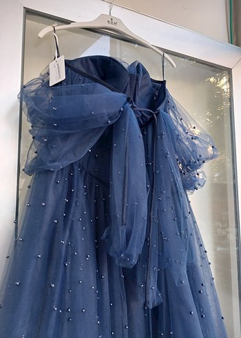 Straplez Nakışlı Lacivert Uzun Abiye Elbise - Görsel 2