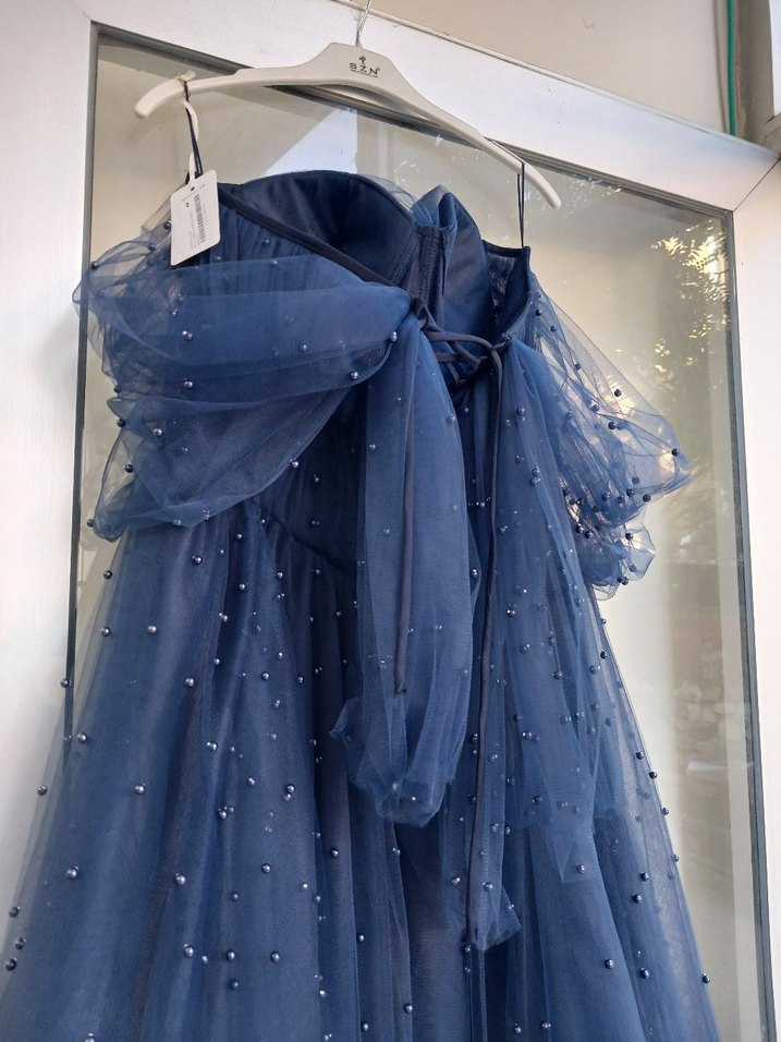 Straplez Nakışlı Lacivert Uzun Abiye Elbise - Görsel 2