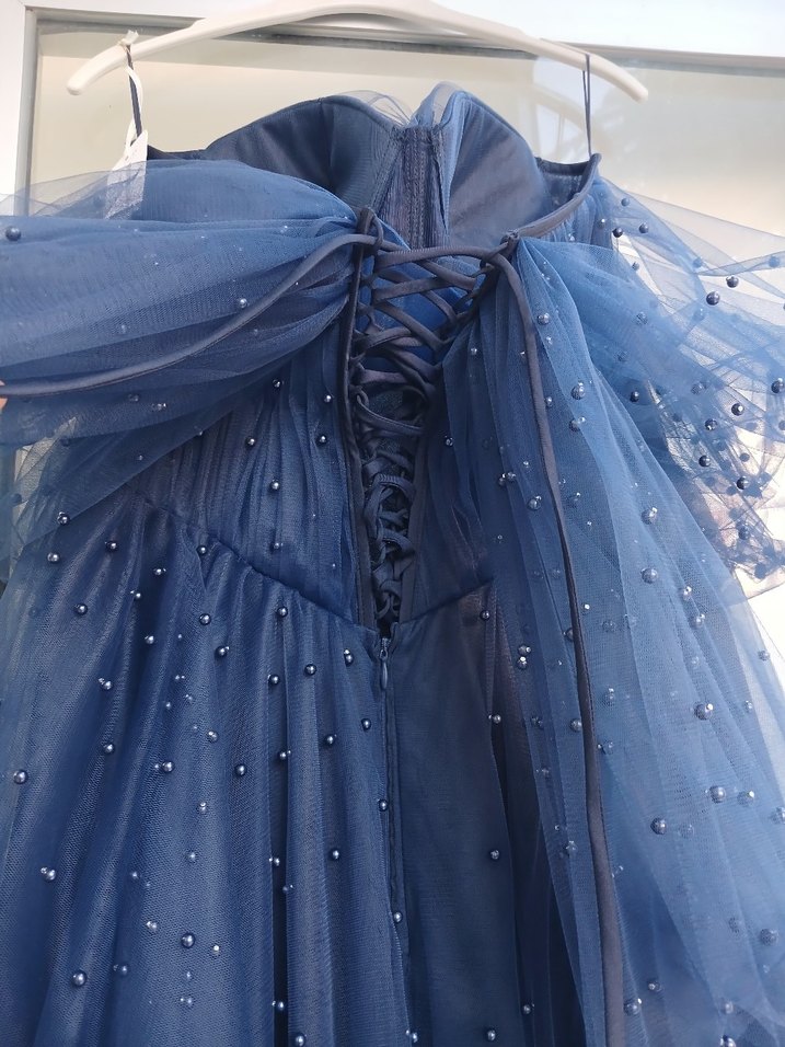 Straplez Nakışlı Lacivert Uzun Abiye Elbise - Görsel 4