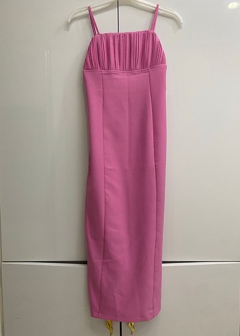 s Beden pembe Renk Pembe Drapeli Uzun Askılı Kalem Elbise