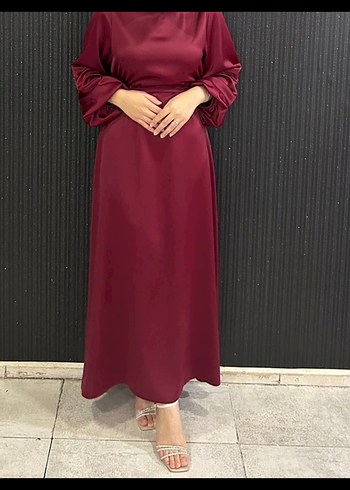 Diğer Bordo Uzun Kollu Yüksek Yakalı Saten Elbise