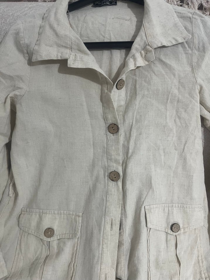 Bej Uzun Keten Kadın Ceket - Görsel 2