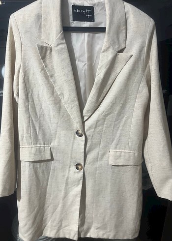 Bej Kadın Keten Düğmeli Blazer Ceket