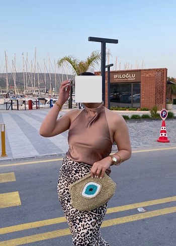 Leopar Desenli Kahverengi Saten Uzun Etek - Görsel 2