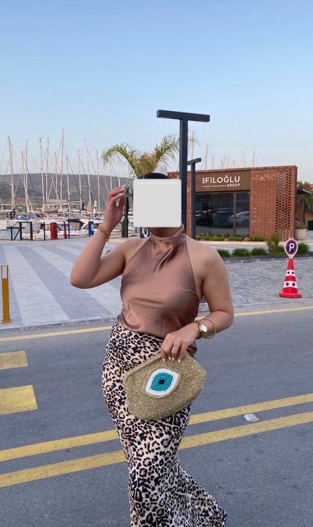 Leopar Desenli Kahverengi Saten Uzun Etek - Görsel 2