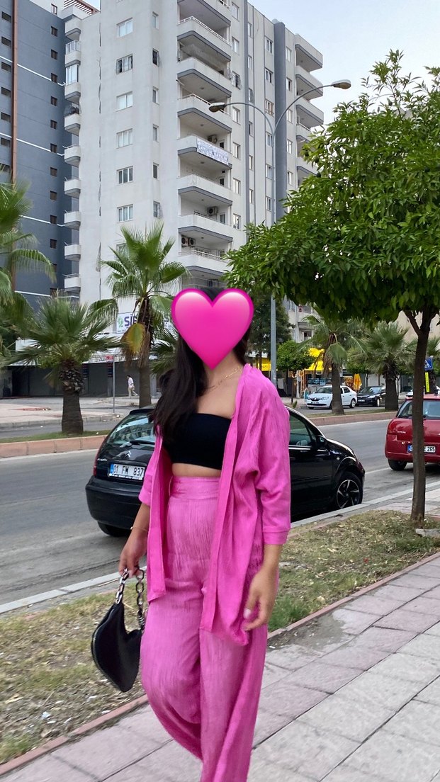 Pembe Saten Pantolon Hırka Takım - Görsel 2