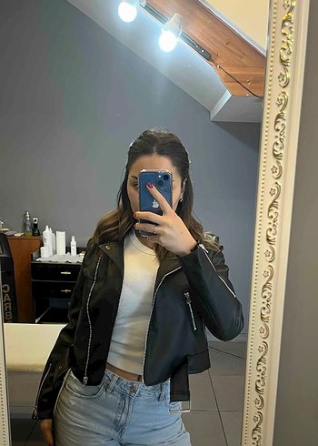 Kadın Siyah Deri Biker Ceket