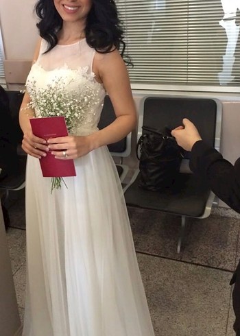 Askılı Straplez Tül Detaylı Beyaz Nikah Elbisesi - Görsel 3