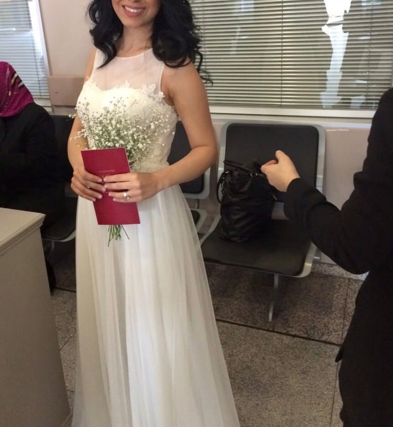 Askılı Straplez Tül Detaylı Beyaz Nikah Elbisesi - Görsel 3