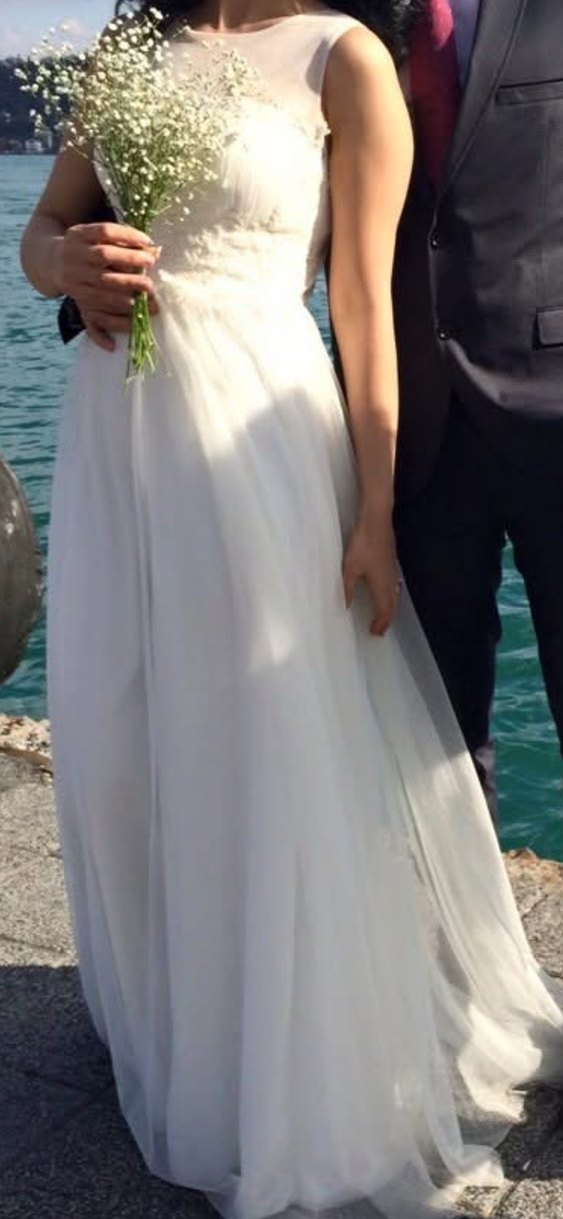 Askılı Straplez Tül Detaylı Beyaz Nikah Elbisesi - Görsel 4