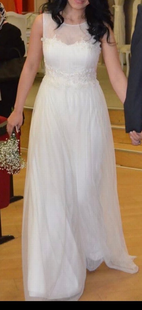 Askılı Straplez Tül Detaylı Beyaz Nikah Elbisesi - Görsel 5