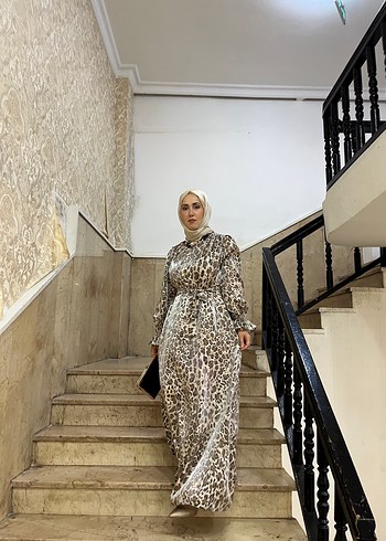 Leopar Desenli Uzun şık Elbise