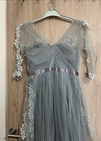 Gri Nakışlı Dantel Bohem Uzun Abiye Elbise - Görsel 4