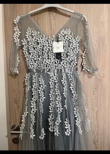 Gri Nakışlı Dantel Bohem Uzun Abiye Elbise - Görsel 2