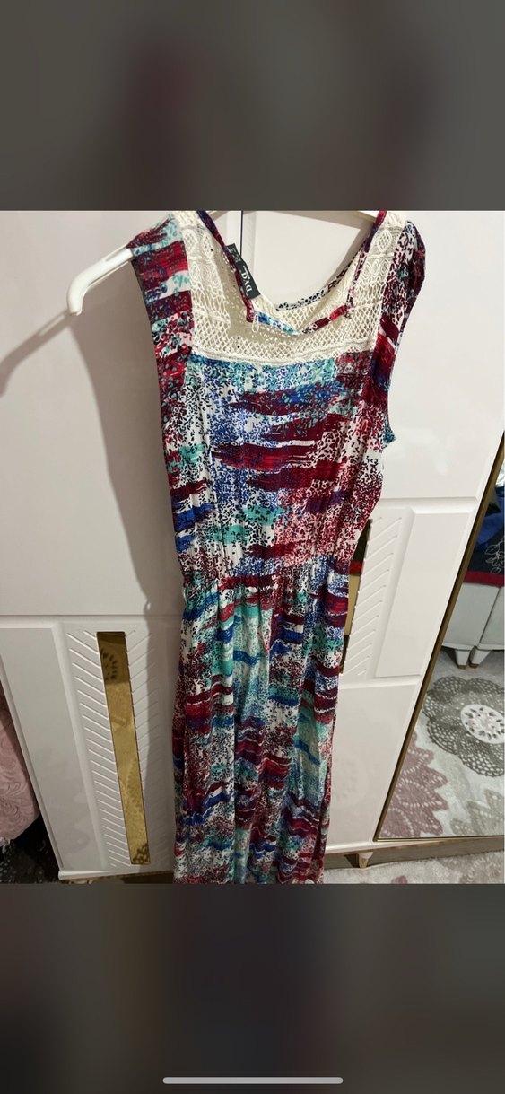 Renkli Bağlama Desenli Dantel Detaylı Uzun Elbise - Görsel 2