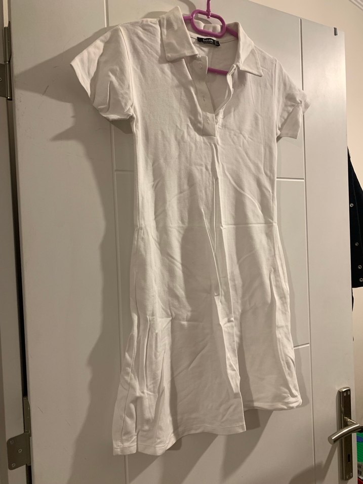 Kısa Kollu Beyaz Midi Keten Elbise - Görsel 2