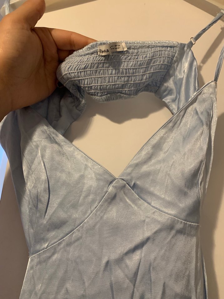 Bebek Mavisi Saten Drapeli Uzun Elbise - Görsel 2