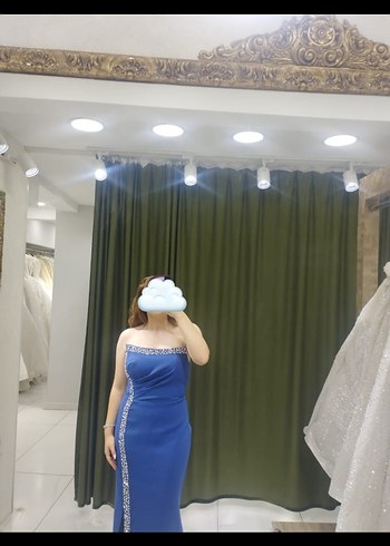 Mavi Straplez Uzun Drapeli Kadın Abiye - Görsel 2