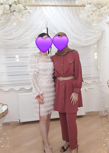 Gül kurusu hasır kemerli ikili Kadın Takım