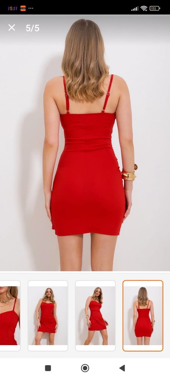 Kırmızı Drapeli Mini Straplez Elbise - Görsel 3