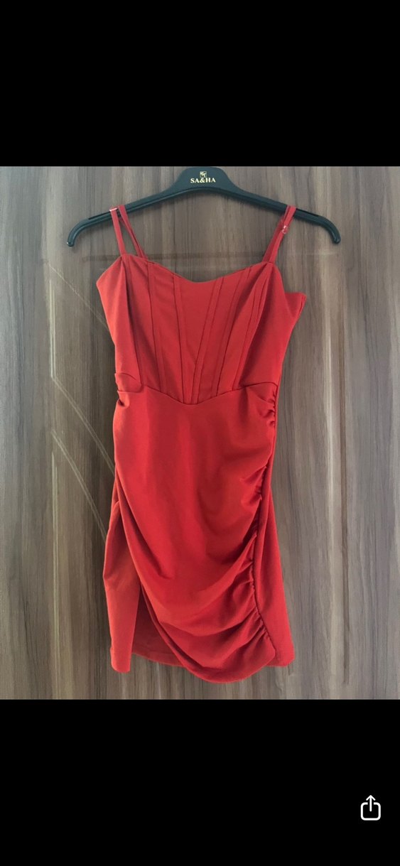 Kırmızı Drapeli Mini Straplez Elbise - Görsel 4