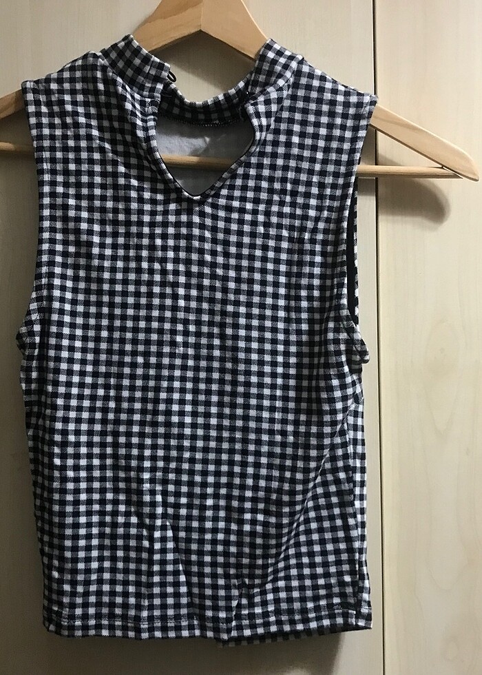 Damalı siyah beyaz dar crop - Görsel 3