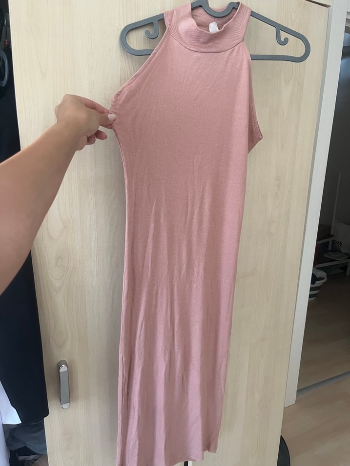 Pembe Keten Kolsuz Uzun Elbise - Görsel 3