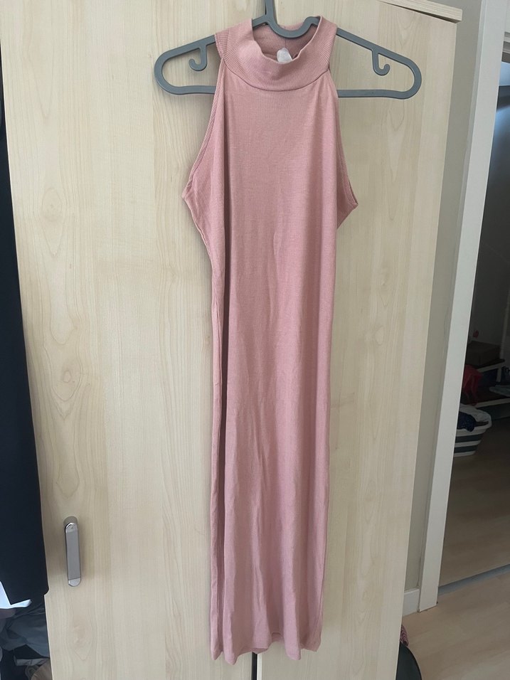 Pembe Keten Kolsuz Uzun Elbise - Görsel 2