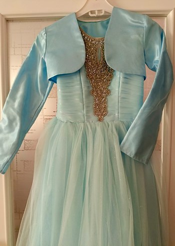 Bebe mavisi simli Uzun Abiye Elbise V Yaka Drapeli - Görsel 5