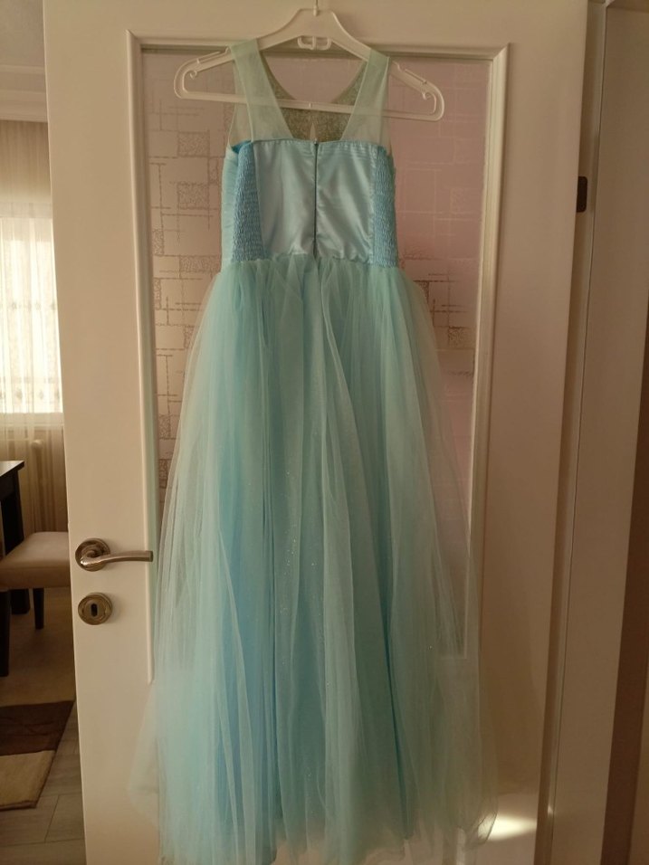 Bebe mavisi simli Uzun Abiye Elbise V Yaka Drapeli - Görsel 3