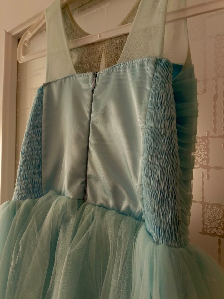 Bebe mavisi simli Uzun Abiye Elbise V Yaka Drapeli - Görsel 2