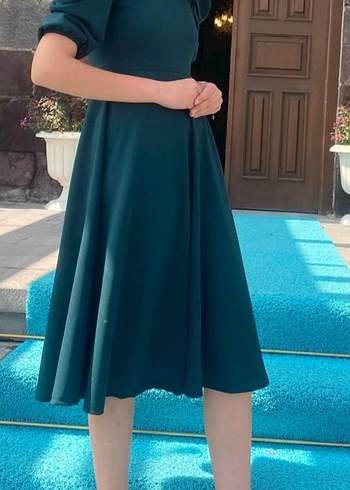 Kadın Yeşil Midi Elbise, Kayık Yaka, İnce Askılı - Görsel 7