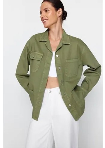 Düğmeli Loose Fit Kadın Haki Ceket