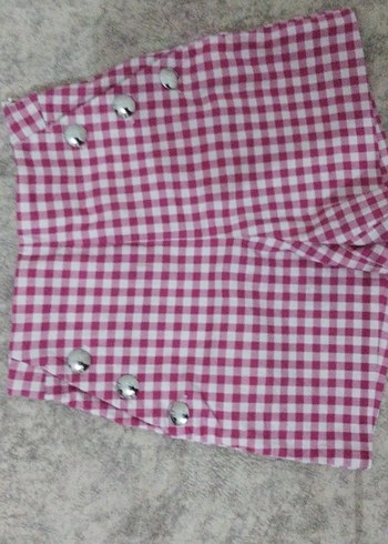 s Beden pembe Renk Düğmeli Pembe Kareli Pamuk Şort