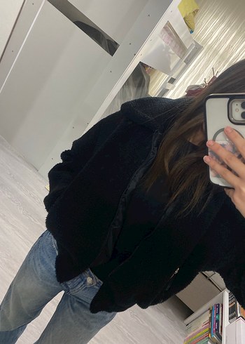 Siyah Peluş Kadın Kışlık Midi Mont - Görsel 3