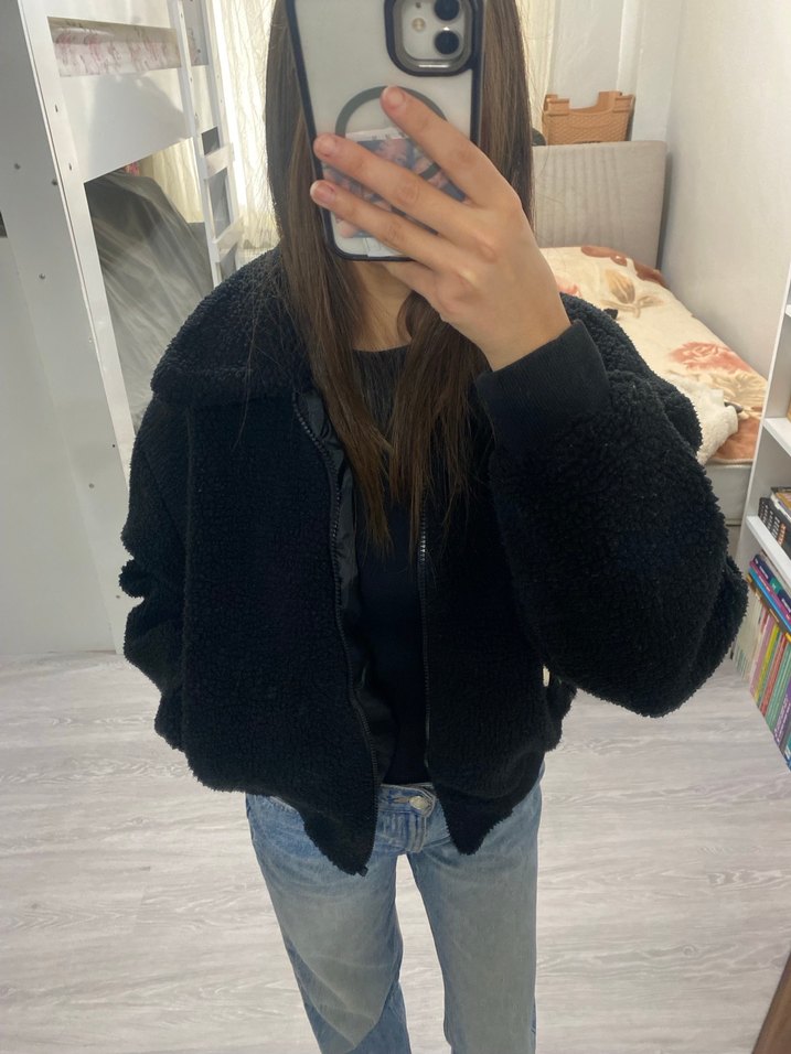 Siyah Peluş Kadın Kışlık Midi Mont - Görsel 2