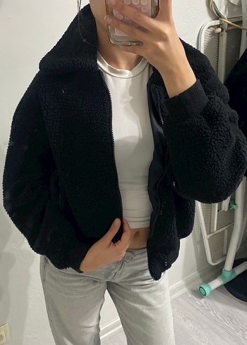 Gri Yüksek Yakalı Kadın Peluş Ceket - Görsel 3