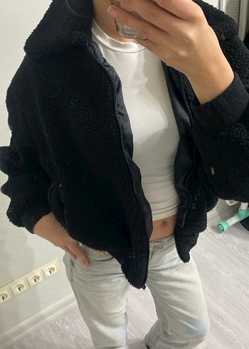 Gri Yüksek Yakalı Kadın Peluş Ceket - Görsel 2