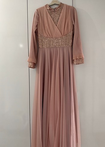 Pembe Uzun Kollu V Yaka Kadın Abiye Elbise