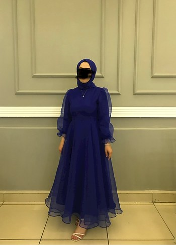 Uzun Kollu Mavi Bohem Uzun Elbise